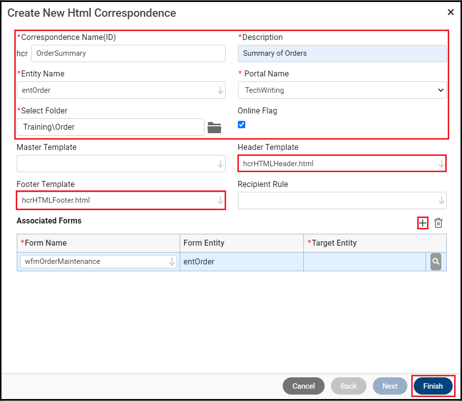 Enter the HTML Correspondence Form details